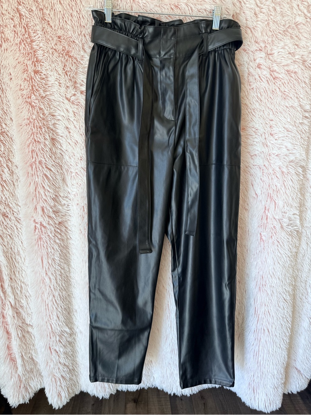 Bar III Black Faux Leather Paperbag-Waist Pants with Self-Tie